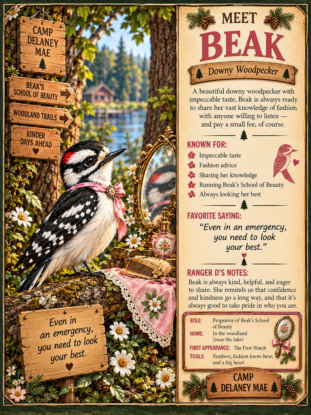 Beak the Downy Woodpecker, proprietor of Beak's School of Beauty