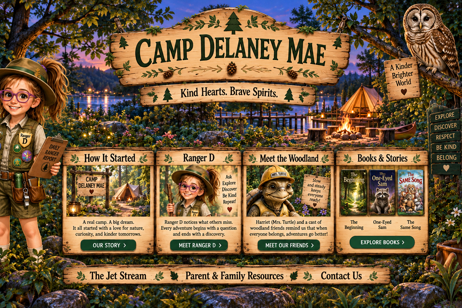 Camp Delaney Mae woodland welcome scene