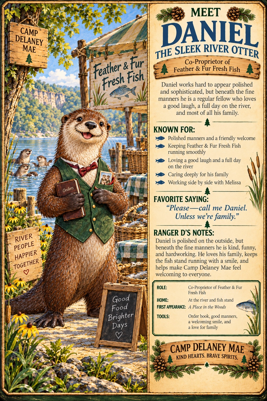 Daniel the Sleek River Otter and co-proprietor of Feather and Fur Fresh Fish