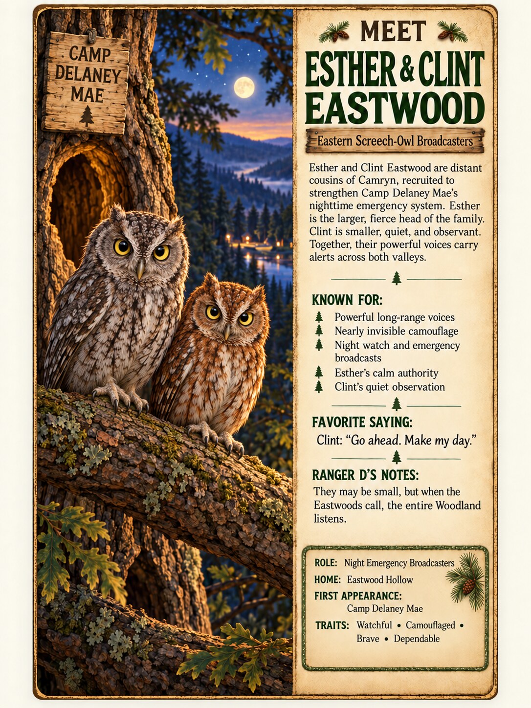 Esther and Clint Eastwood Eastern Screech-Owl character card