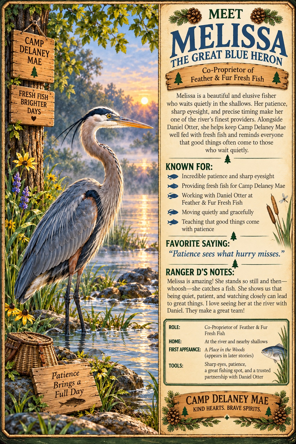 Melissa the Great Blue Heron and co-proprietor of Feather and Fur Fresh Fish