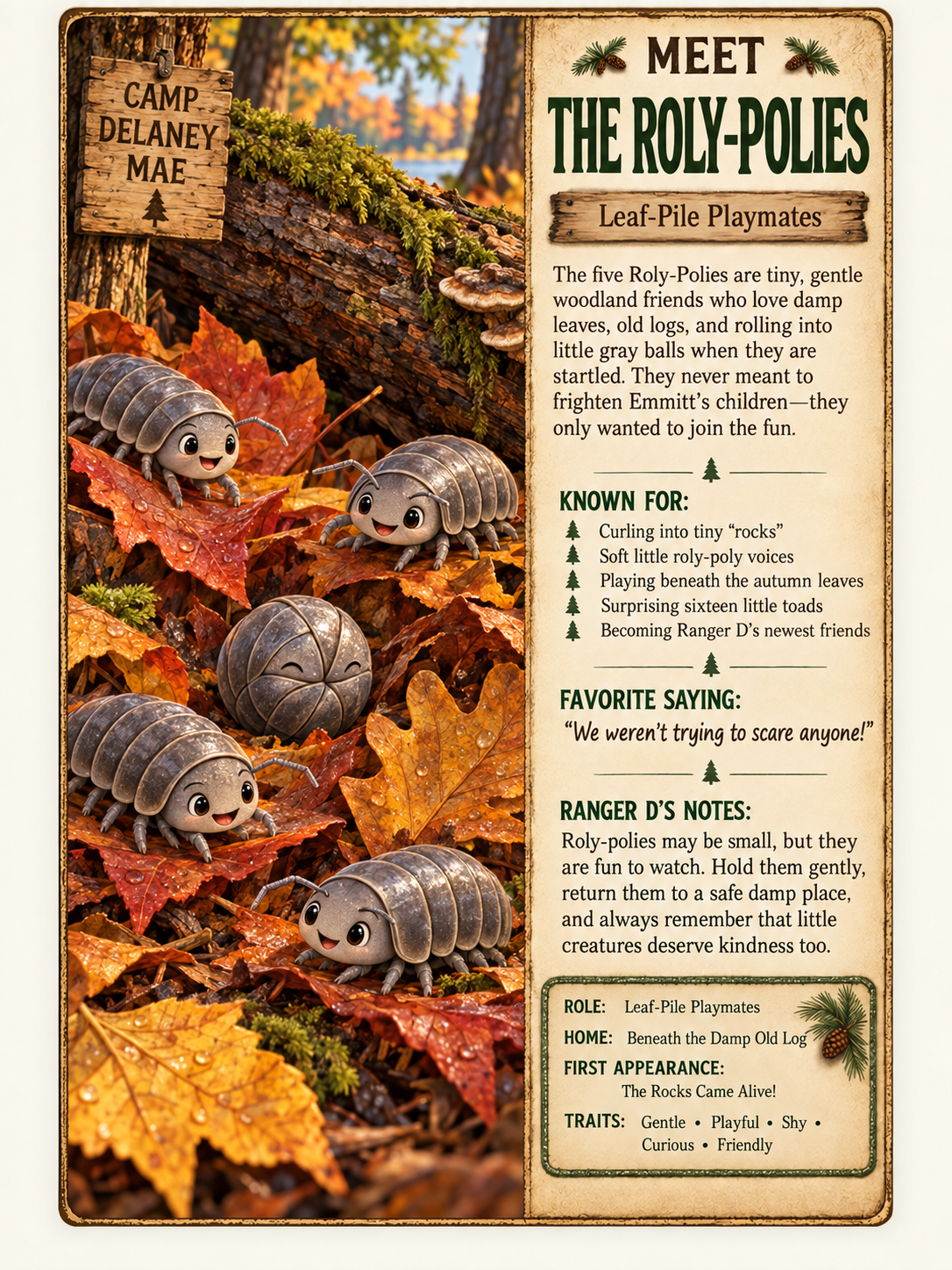 The five Roly-Polies of Camp Delaney Mae playing among autumn leaves