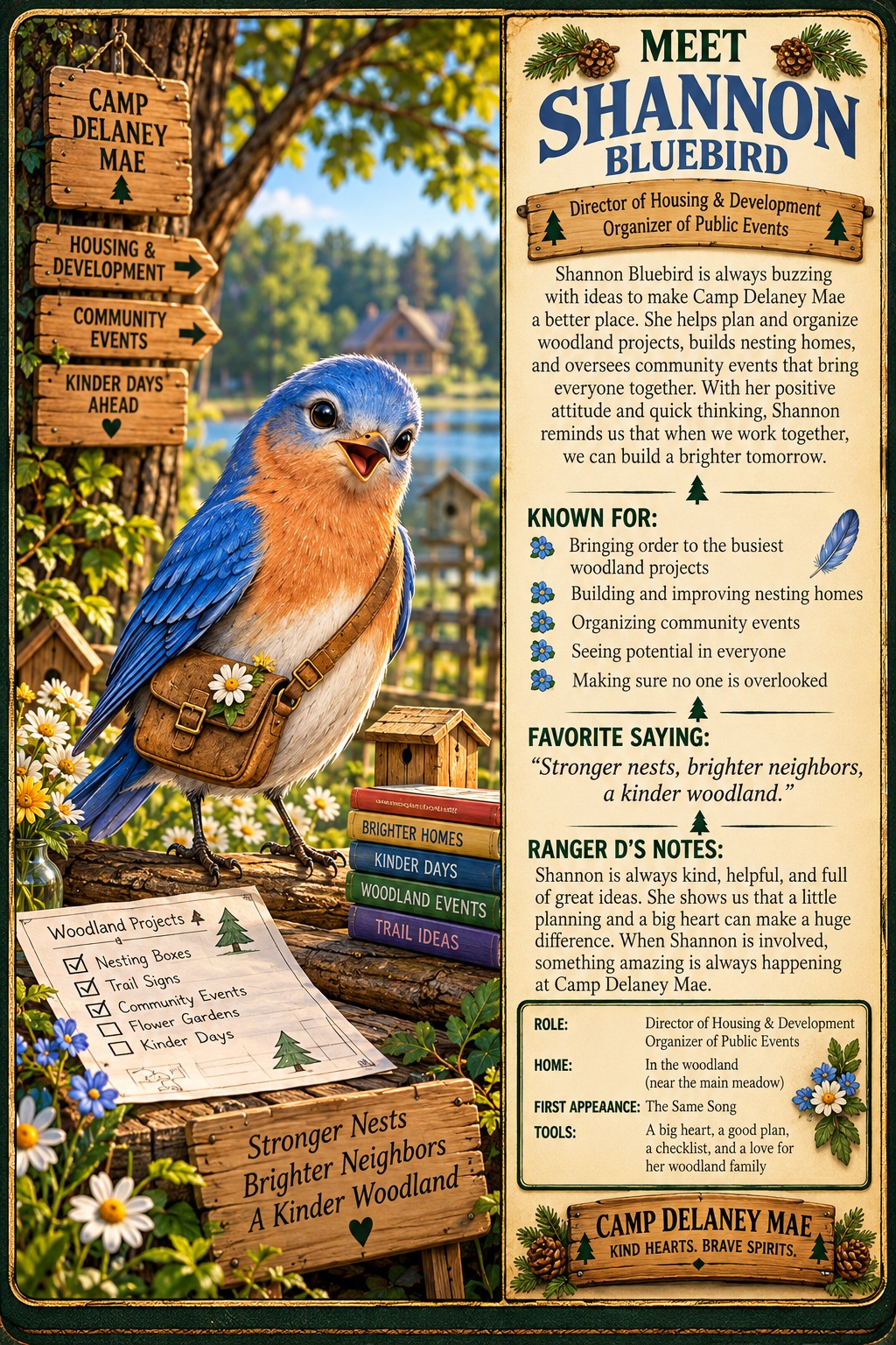 Shannon Bluebird community housing and public events character card